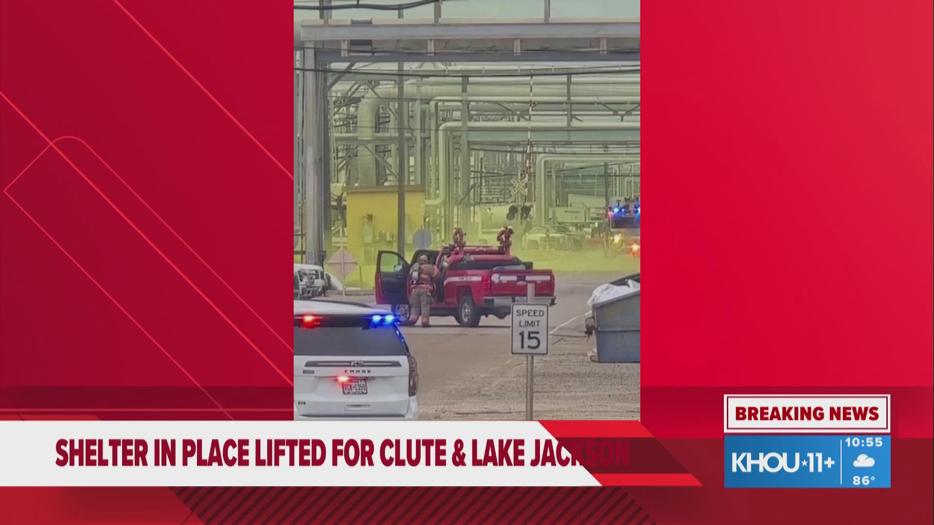 Officials confirm the chlorine leak at Olin Plant B is stopped, lifting all shelter-in-place orders by 10:40 a.m. in Brazoria County.