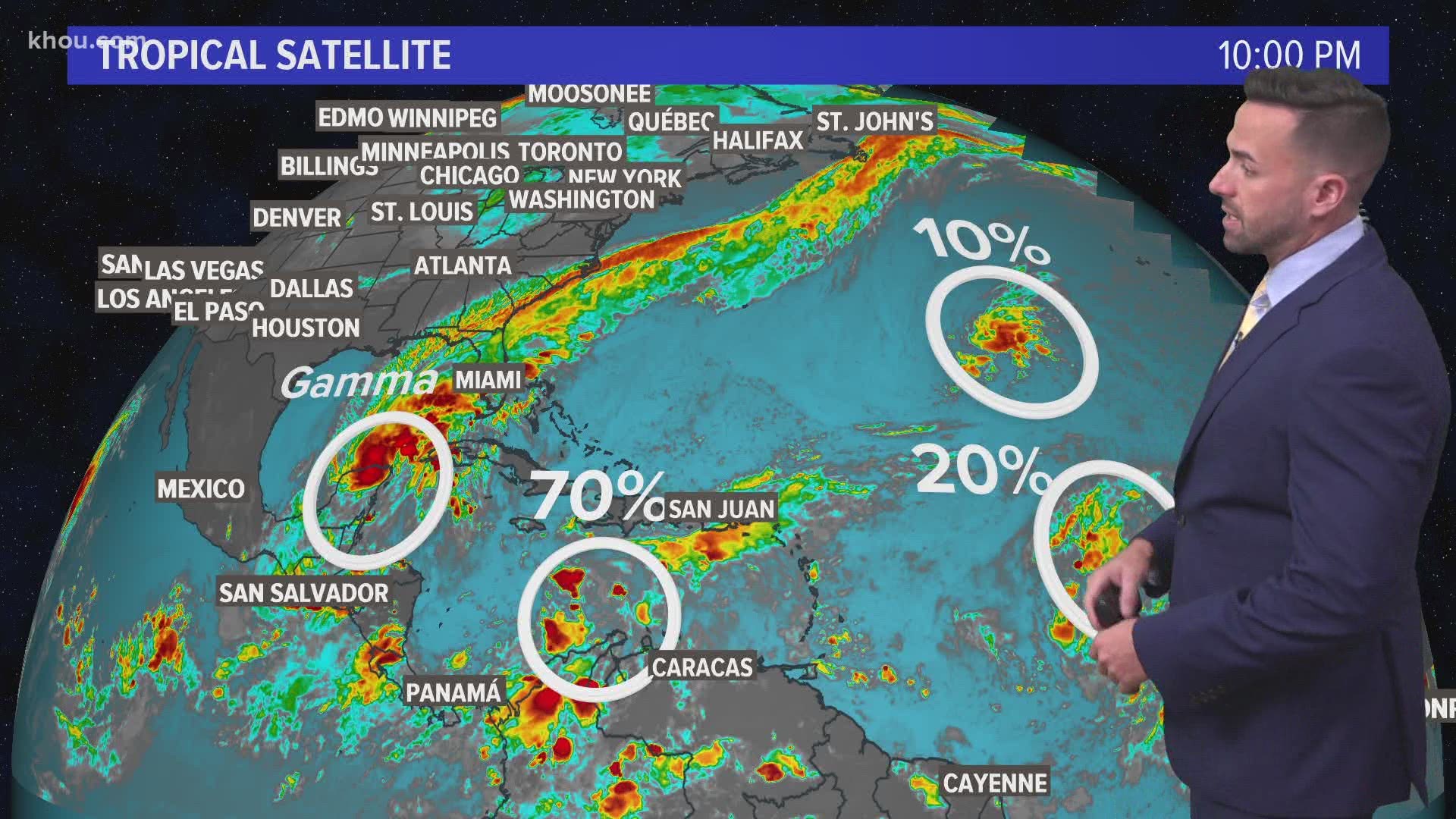 The KHOU 11 Weather Team is watching 4 tropical systems, including Tropical Storm Gamma, which moved into the Yucatan Peninsula Saturday.