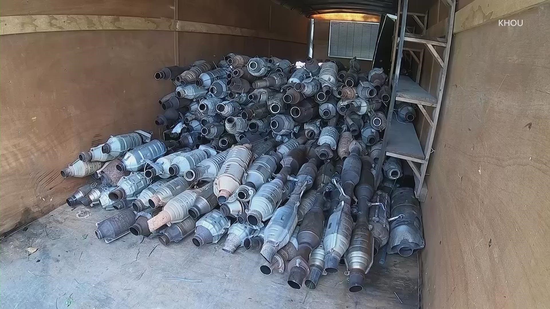 More than 500 catalytic converters were seized in an early morning raid Thursday. Seven homes throughout the Houston area, including a warehouse, were hit.