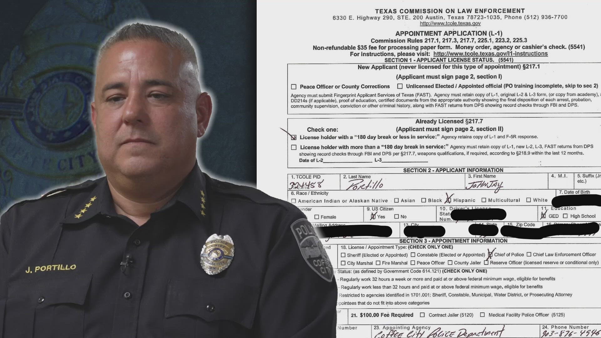 Chief JohnJay Portillo was suspended for 30 days with pay pending an independent investigation.