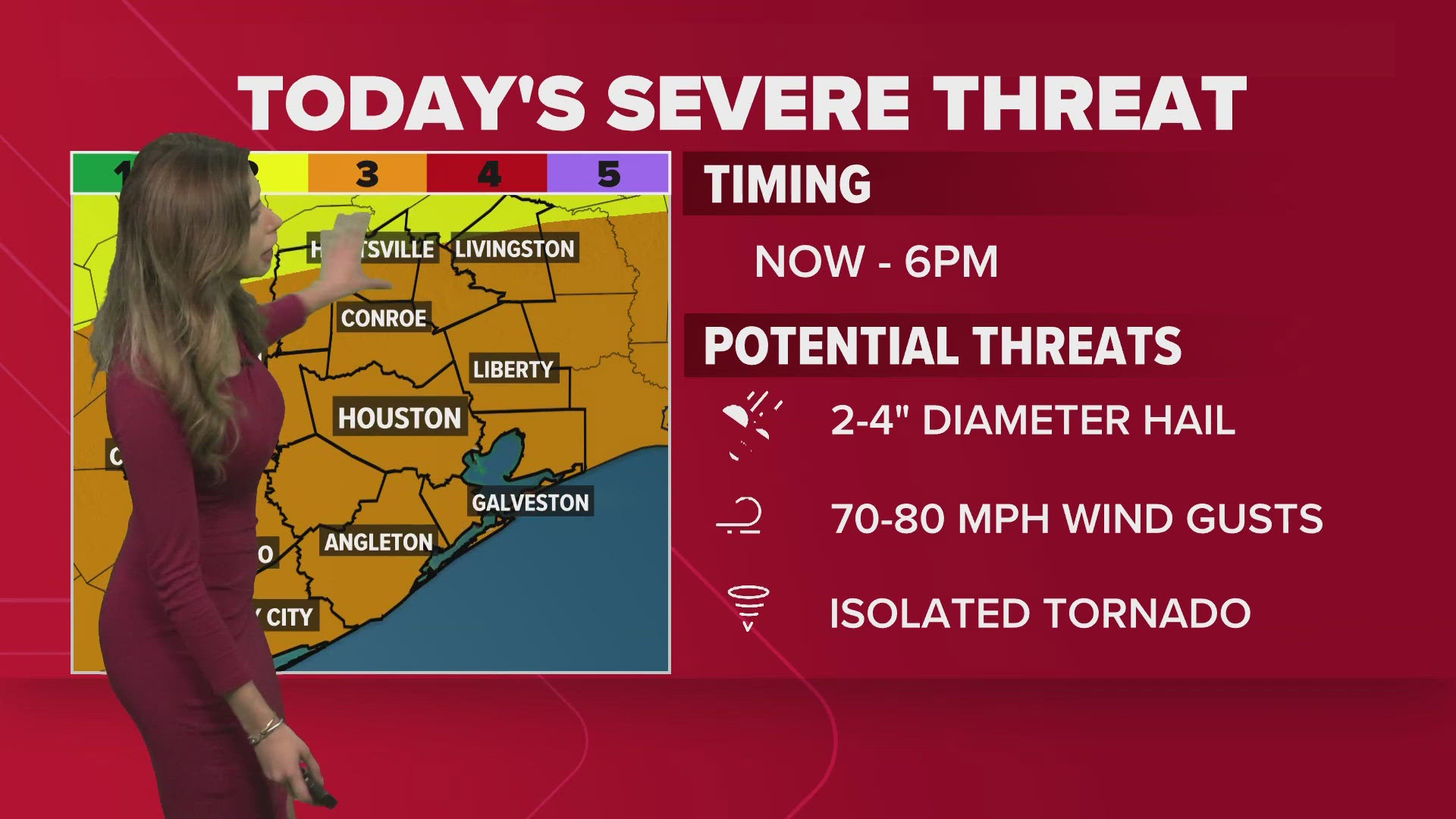 On a scale of 1 to 5, 5 being the worst, the severe threat for Southeast Texas is a level 3 for Monday, including much of Harris County.