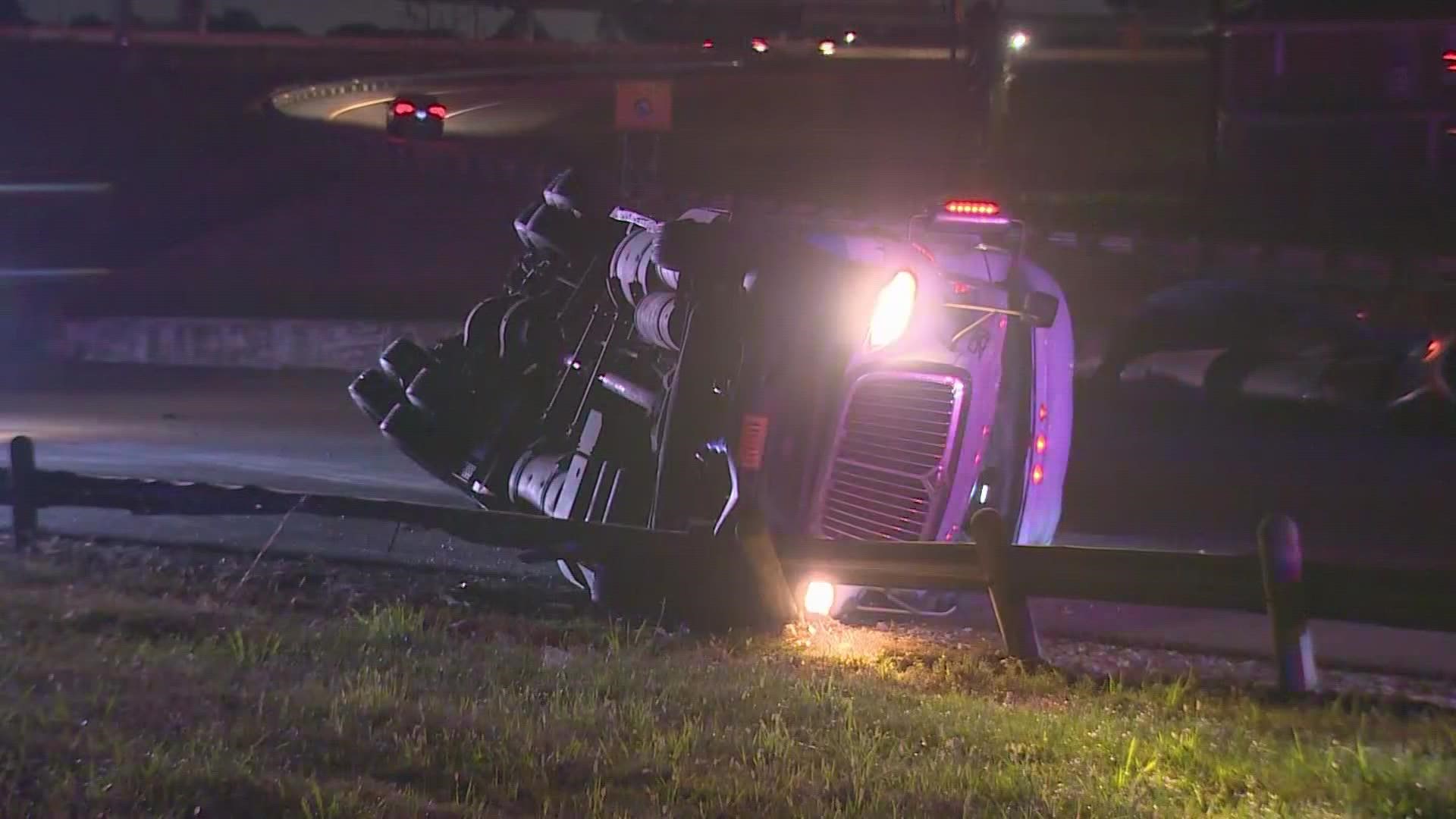 Houston police say the 18-wheeler was carrying 48,000 pounds of sheet metal. Drivers going downtown were diverted off the freeway for hours early Wednesday morning.