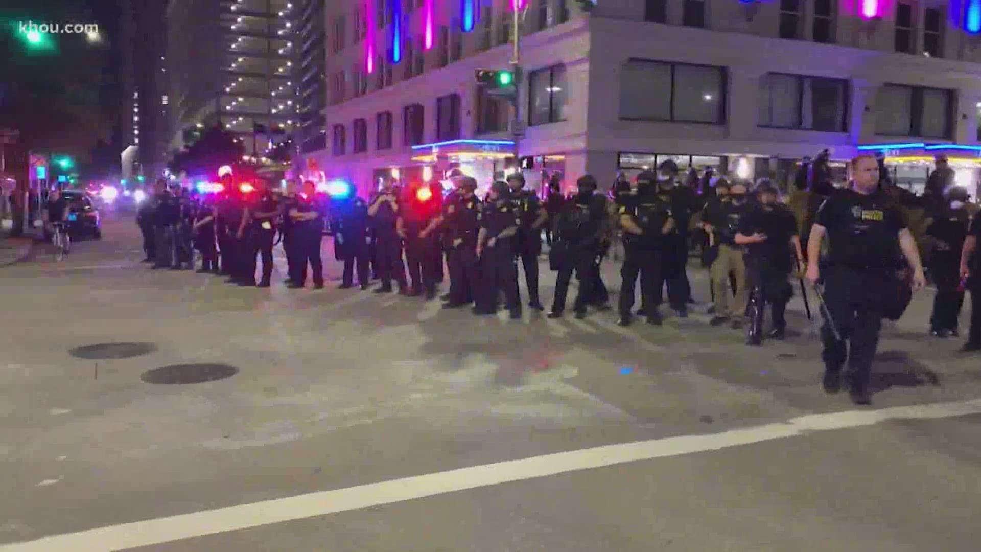 HPD Chief Art Acevedo praised the vast majority of protesters who were peaceful Friday night and blamed outside agitators for inciting violence.