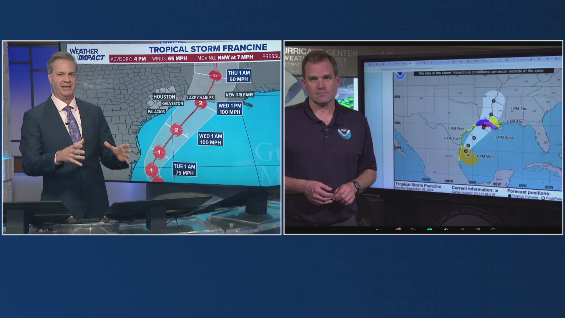 The track of Francine is tracking to the east of Houston, but there was a slight shift to the west in the 4pm update.