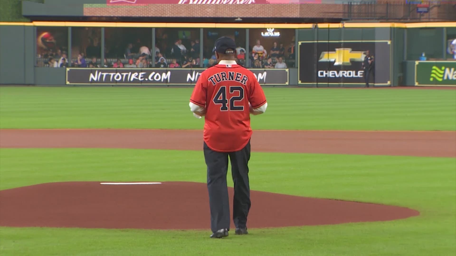 Houston mayor Sylvester Turner received a World Series ring from the Houston Astros and threw out the first pitch before the team's game against the Toronto Blue Jays on June 27, 2018.