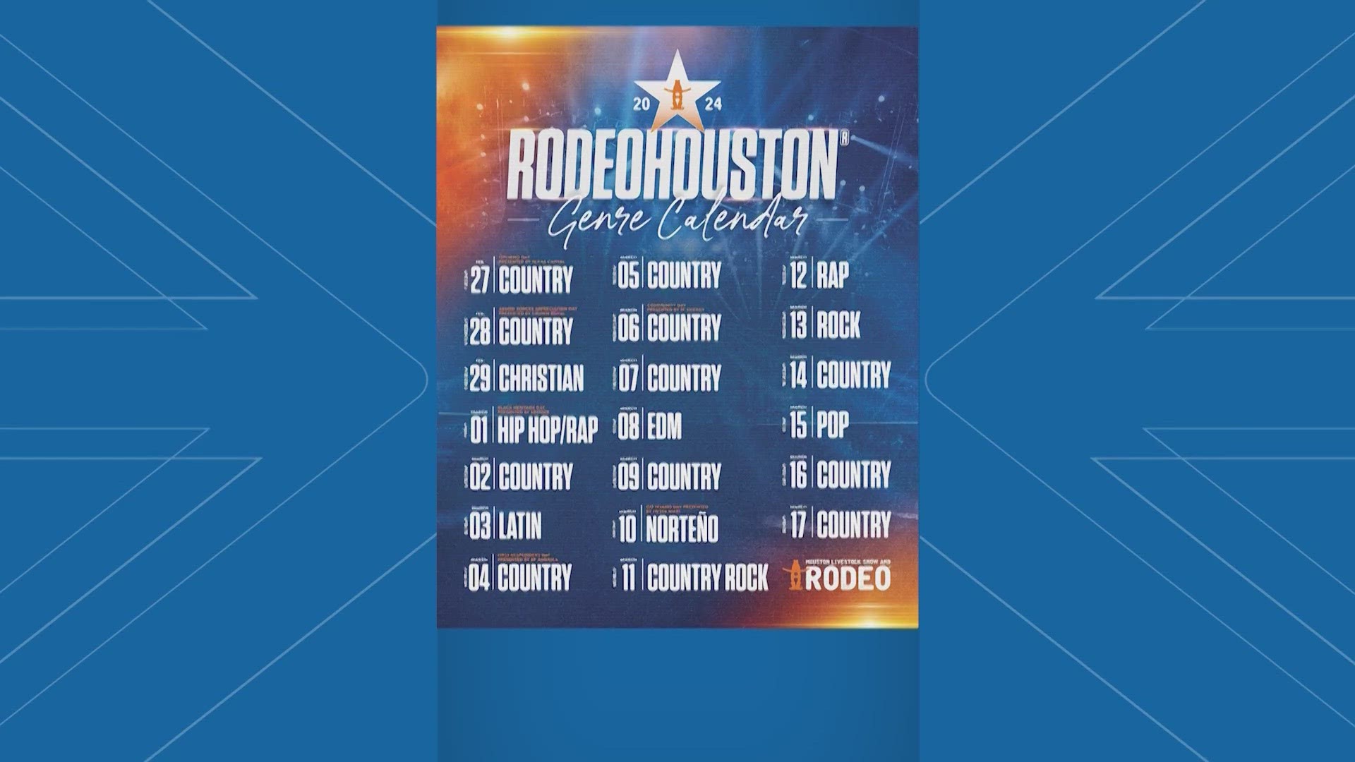 RodeoHouston has unveiled its Star Entertainer Genre Calendar for the 2024 Houston Livestock Show and Rodeo.