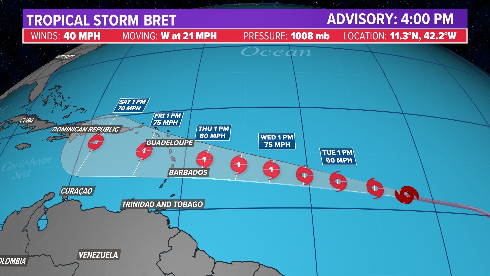 Meteorologist Tim Pandajis is tracking Bret, which became a tropical storm Monday afternoon.