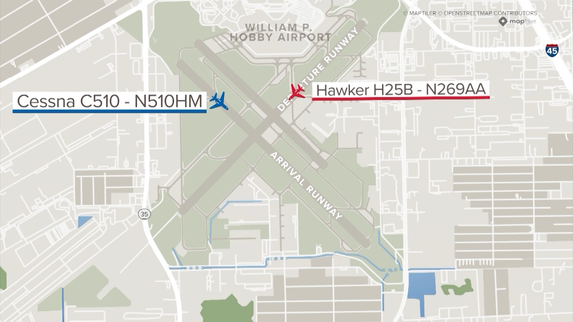 Houston's William P. Hobby Airport was closed for more than three hours on Tuesday after two private planes crashed into each other on a runway.