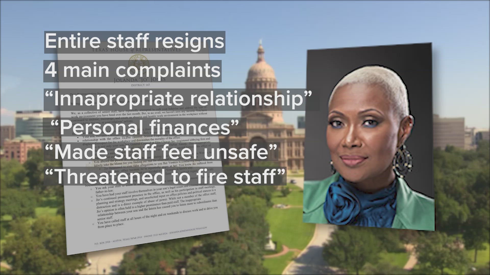 The entire staff of Houston state representative Jolanda Jones has resigned, according to a resignation letter that was leaked on social media Thursday.