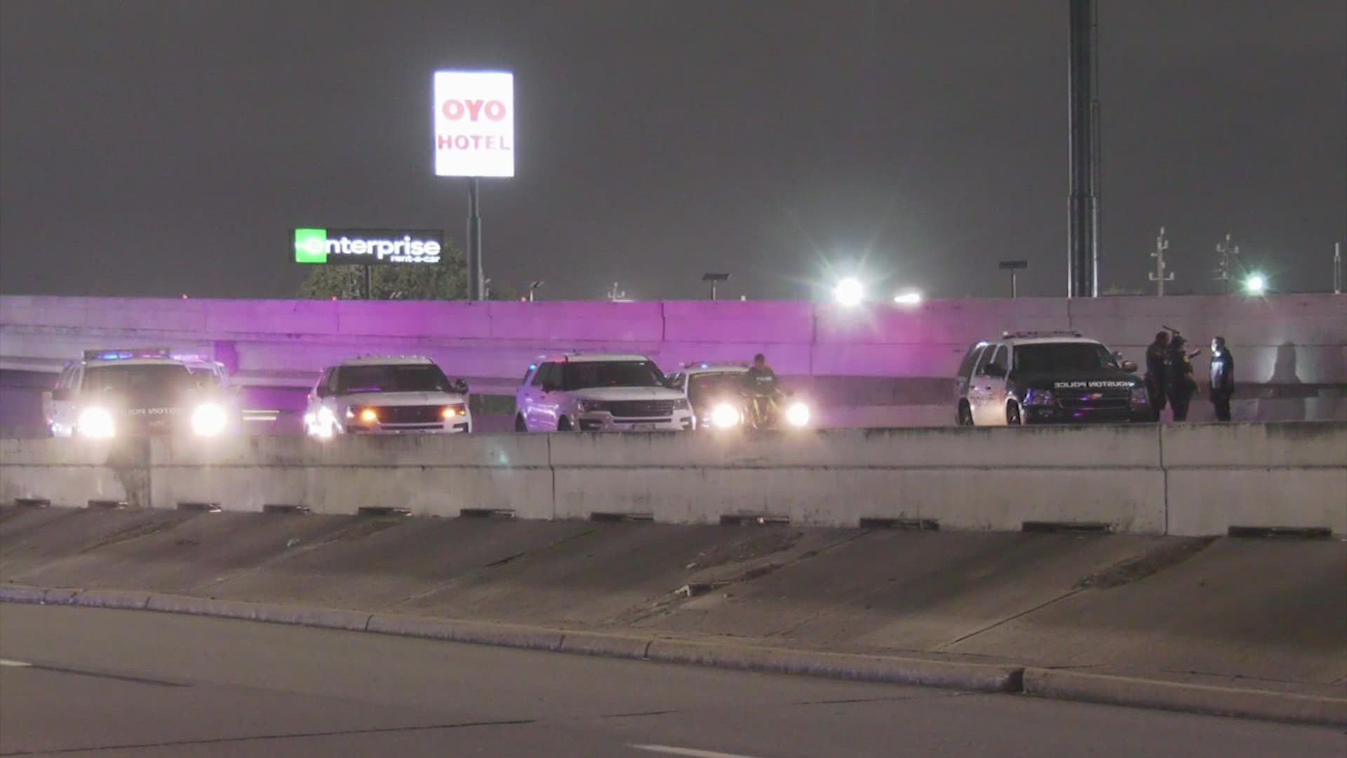 A woman died after being struck after being struck by a car on the Southwest Freeway early Monday.