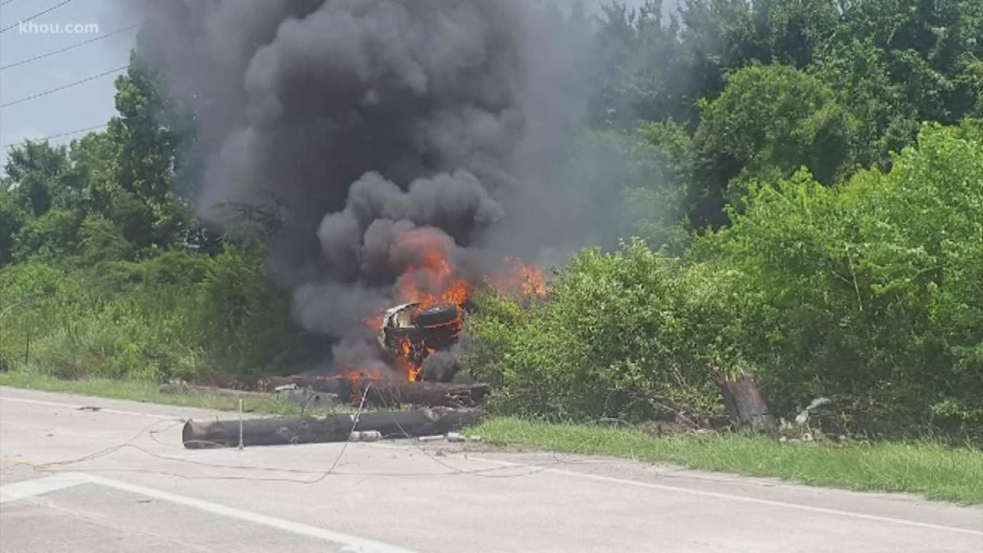 Several northbound lanes of the Hardy Toll Road in north Houston were closed down after a car hit a light pole and caught fire. The driver was able to get out and made it to the hospital with injuries that were not life-threatening.