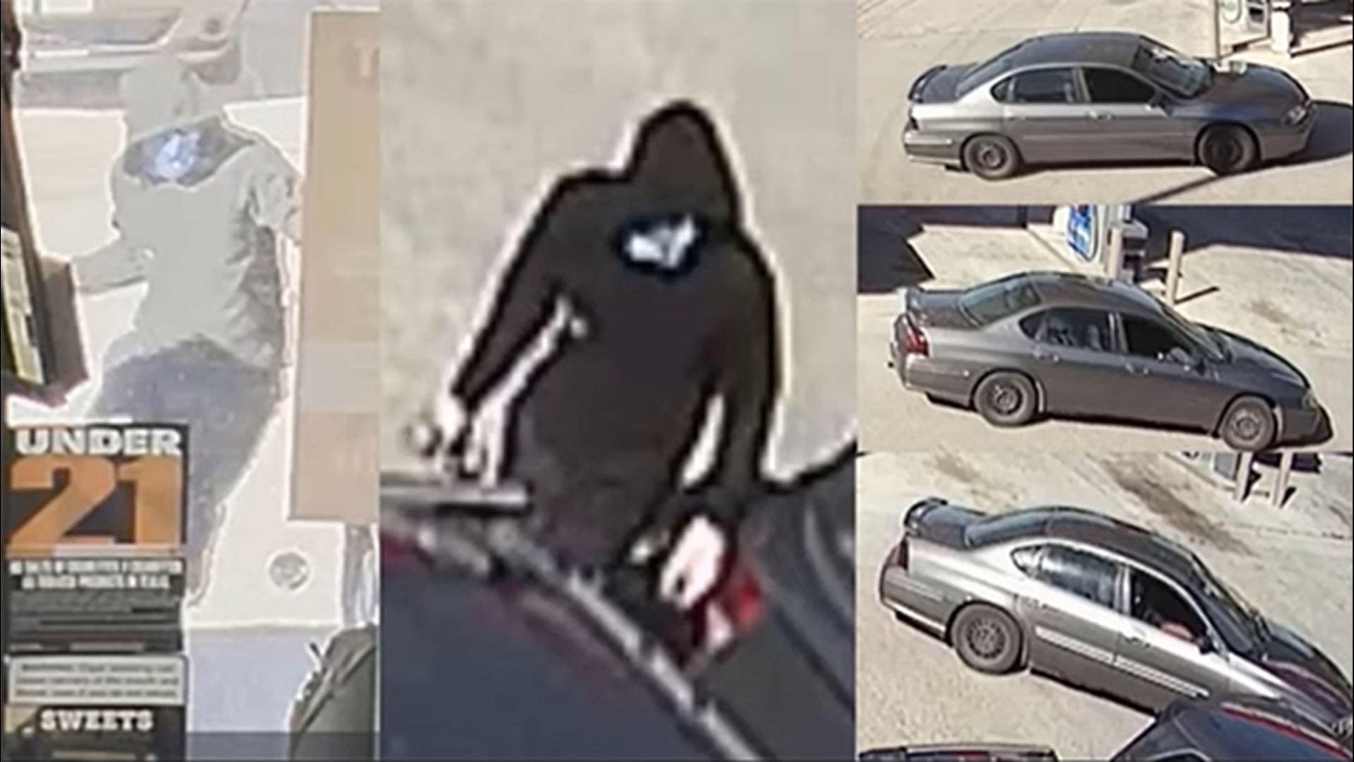 Surveillance video shows the robber breaking a passenger wide window with a rock and stealing something inside the vehicle.