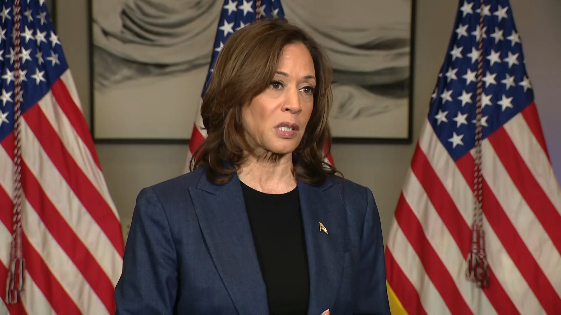 Vice President Kamala Harris speaks with reporters ahead of Houston rally on Friday.