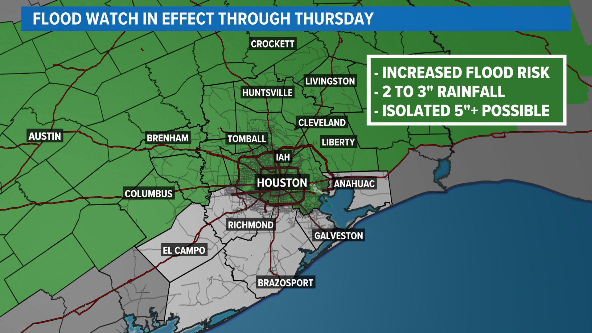 The northern counties are under a moderate risk for flooding. The heart of Harris County is under a slight risk.