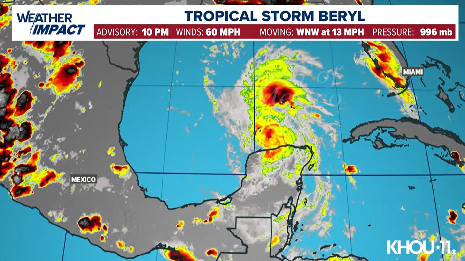 Tropical Storm Beryl is moving inland on the Yucatan Peninsula before heading into the Gulf of Mexico.