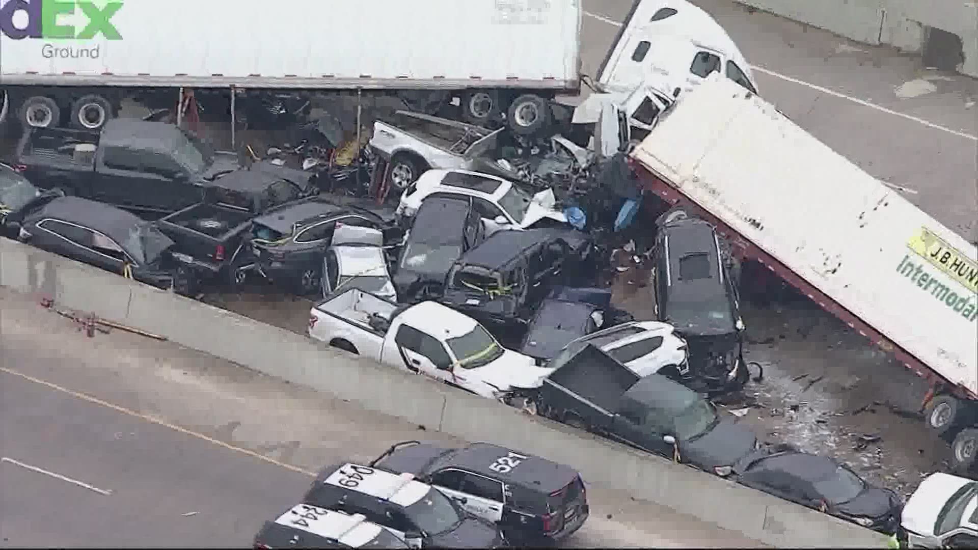At least 133 vehicles, including several 18-wheelers, were involved in a massive pileup crash Thursday morning on Interstate 35W in Fort Worth.