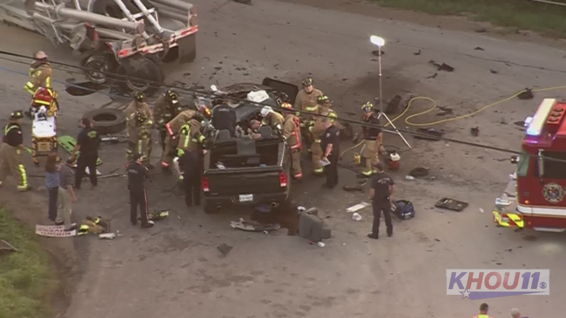 KHOU 11's Doug Delony reports as Air 11 flies over a violent crash near Crosby early Aug. 30, 2018