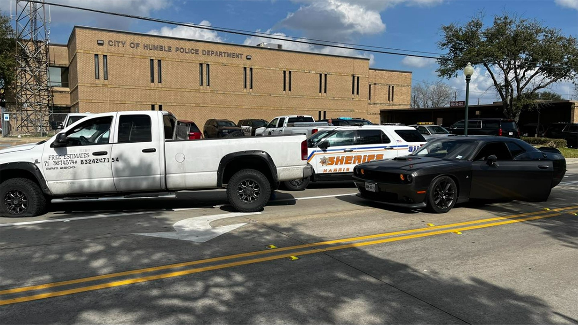 Humble police said family members were chasing a truck that had been stolen from them when it blew both front tires and stopped in front of police headquarters.