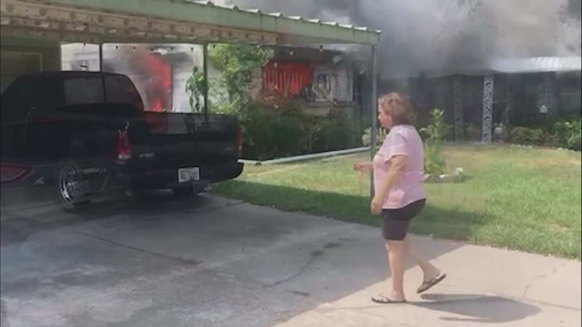 Video shows flames shooting from the home. A woman who was inside was severely burned. At this point, we don't know the cause of the fire.