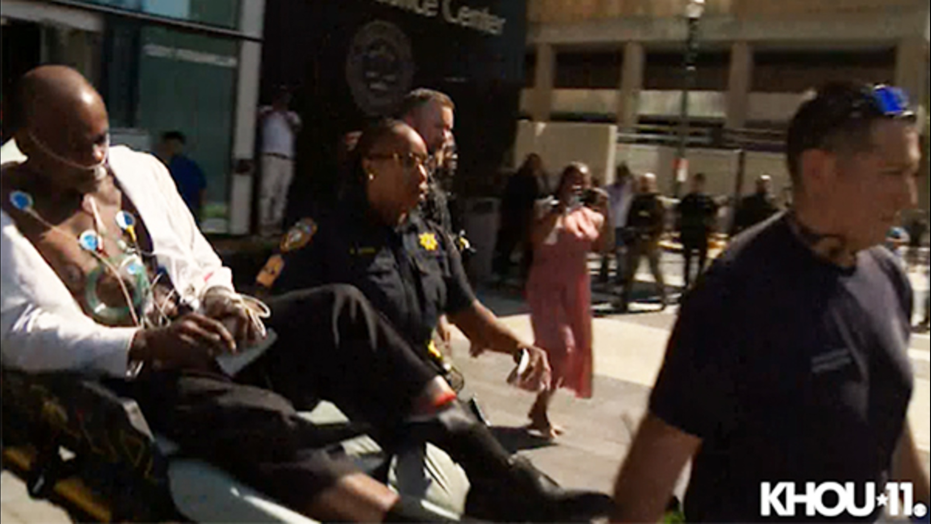 This is video from outside the courtroom.  Ex-HPD cop Gerald Goines, who was convicted of murder last week, was taken away by ambulance on Thursday.