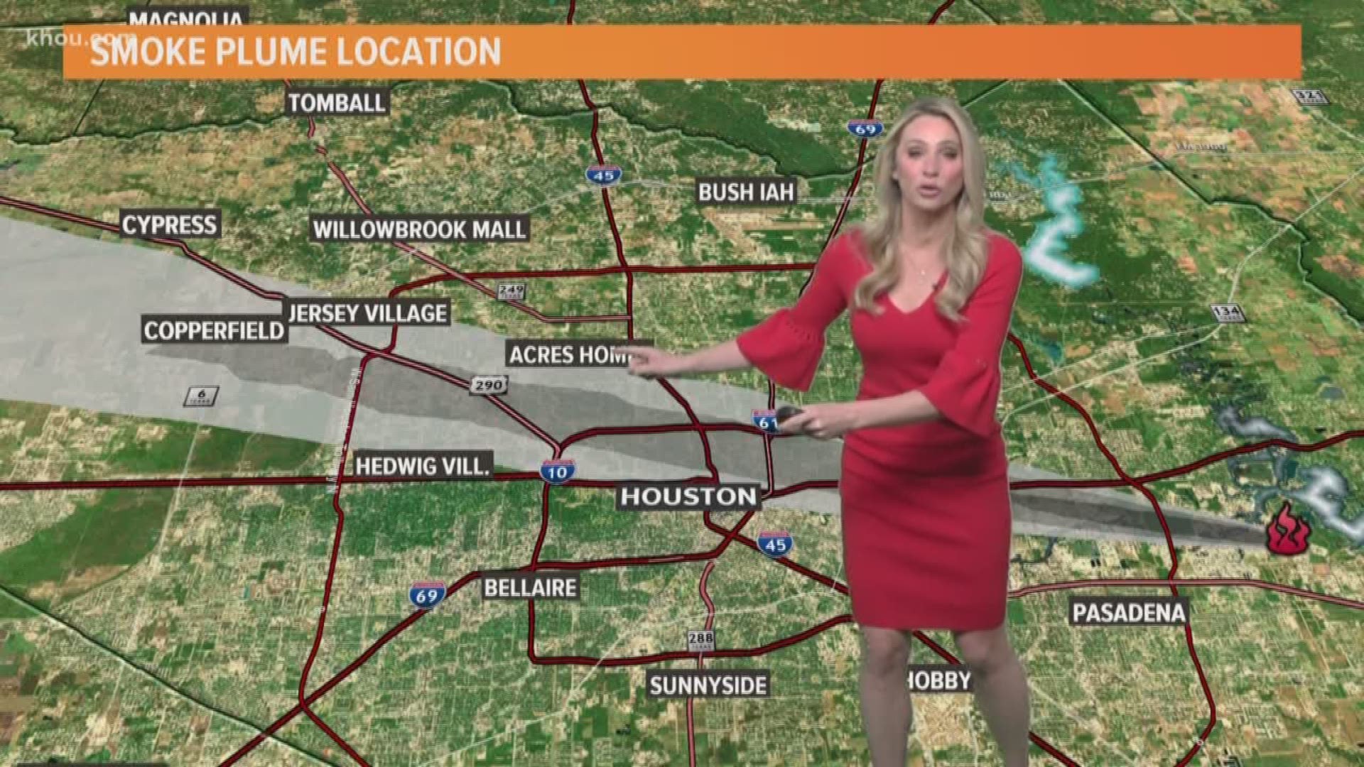 KHOU 11 Meteorologist Chita Craft say what's left of the plume of smoke from the now extinguished ITC fire will continue to move westward with winds out of the east.