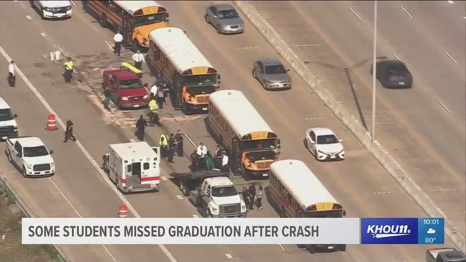 Several Pasadena ISD students on their way to graduation suffered minor injuries Thursday after a crash involving multiple school buses.