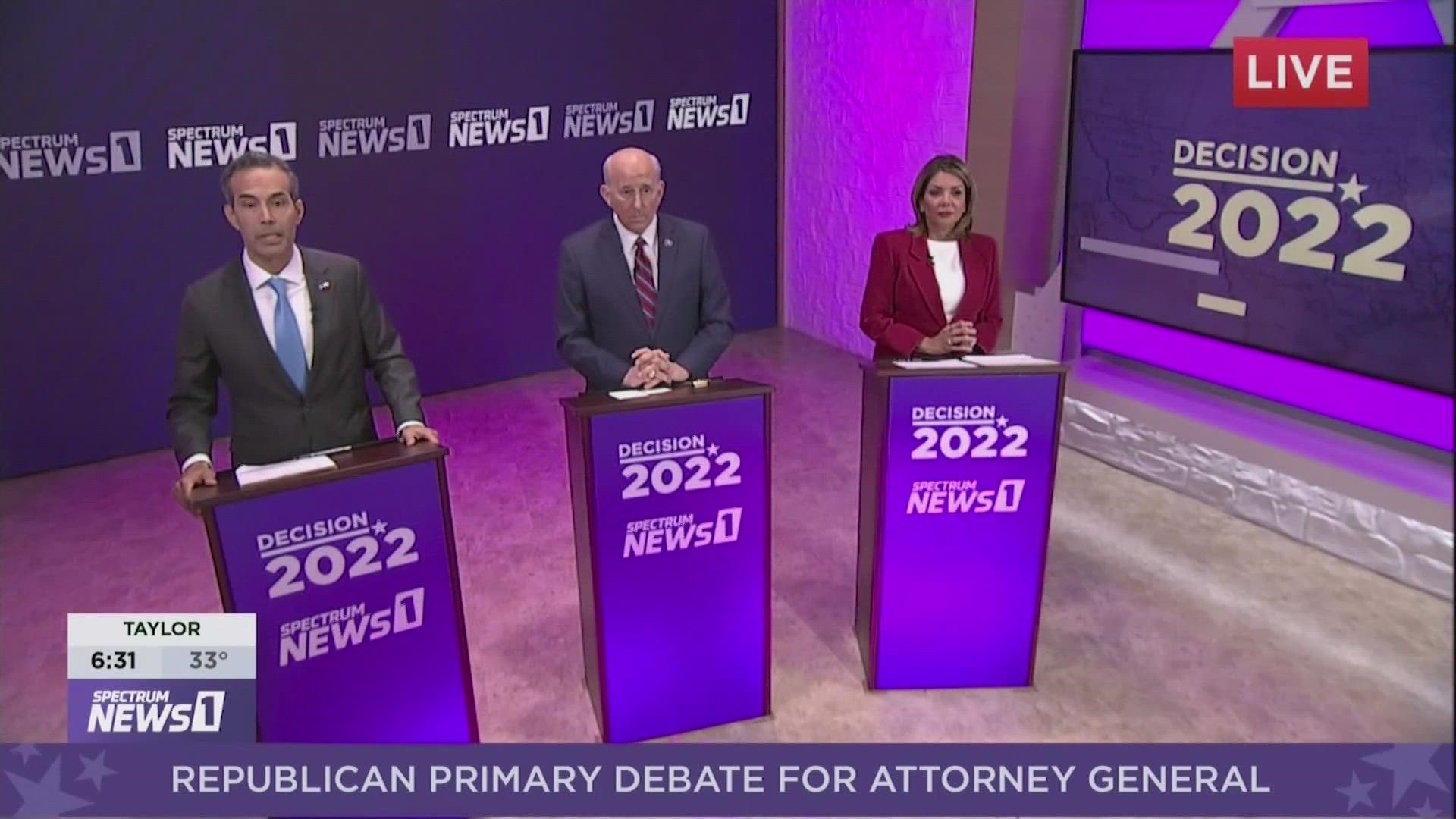 Republican candidates for state attorney general debate in Austin on Thursday, Feb. 24, 2022.