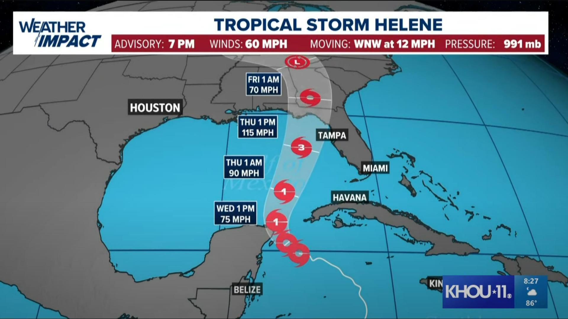 Tropical Storm Helene is heading for the Gulf of Mexico and is expected to become a Cat. 3 hurricane before landfall somewhere in Florida.