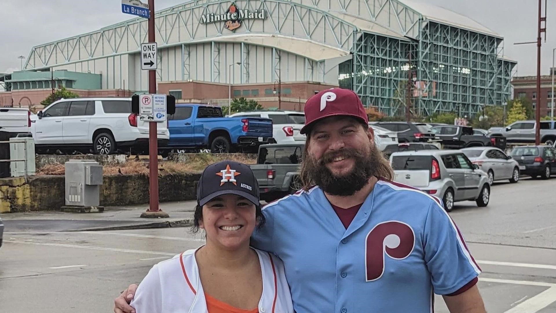 Two complete strangers and rival Astros and Phillies fans banded together, racing across the country to make the World Series Game 1 – just in the nick of time.