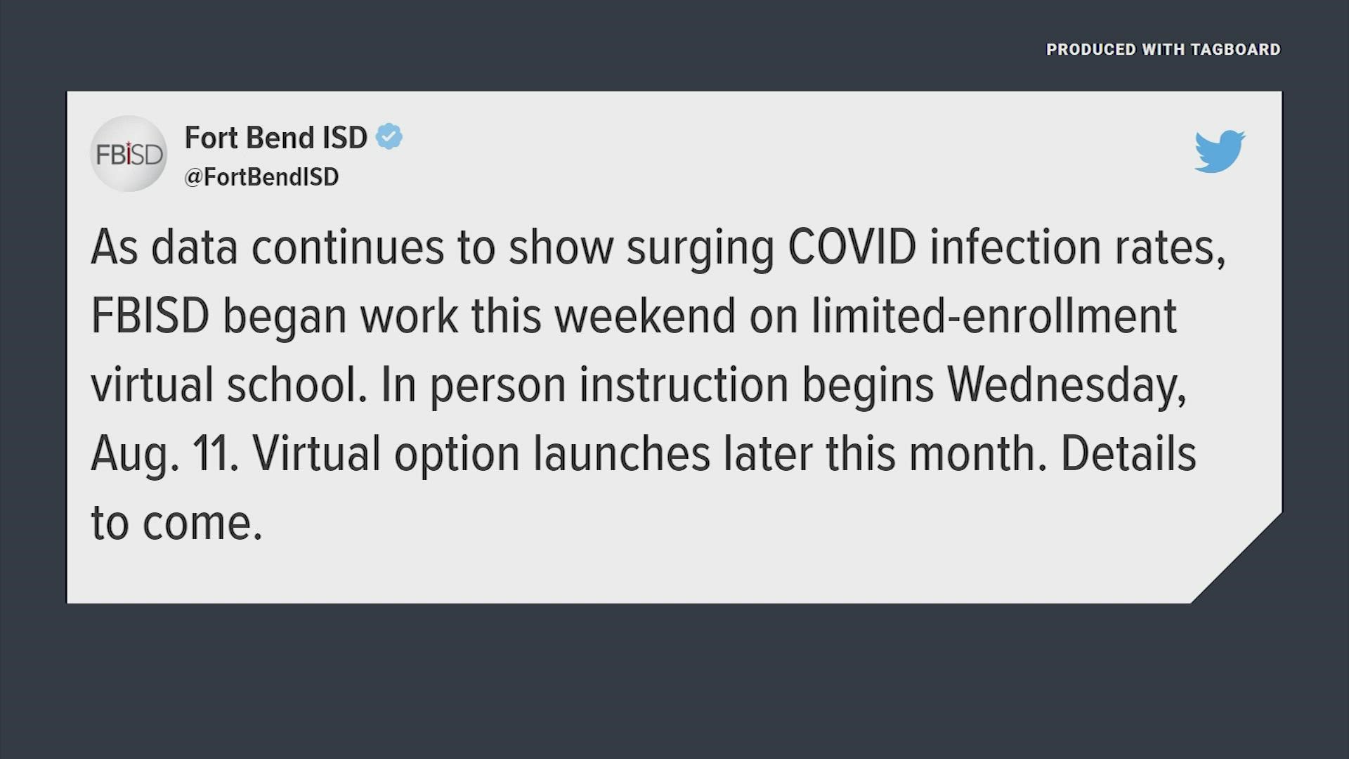 Ft. Bend ISD is the latest district to announce virtual learning. Conroe ISD made its announcement last week.