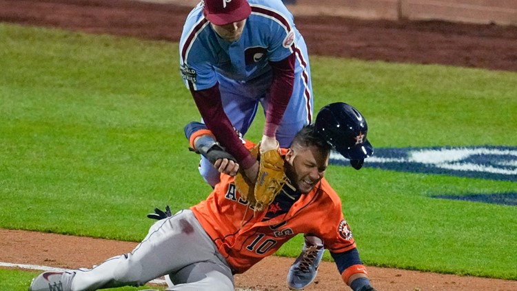 WATCH: Yuli Gurriel Exits World Series Game 5 After Colliding with Rhys  Hoskins - Fastball