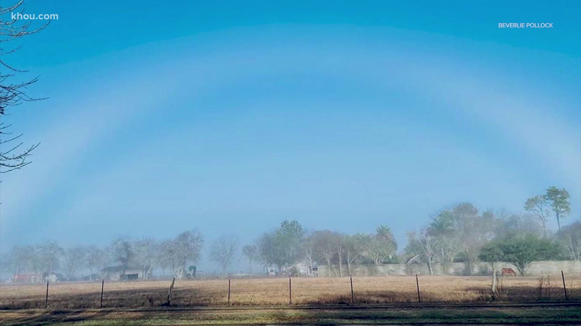 Beverlie Pollock captured an image of the ghost-like rainbow in Needville, Texas. The cousin of the colorful rainbows can appear when it's foggy and sunny.