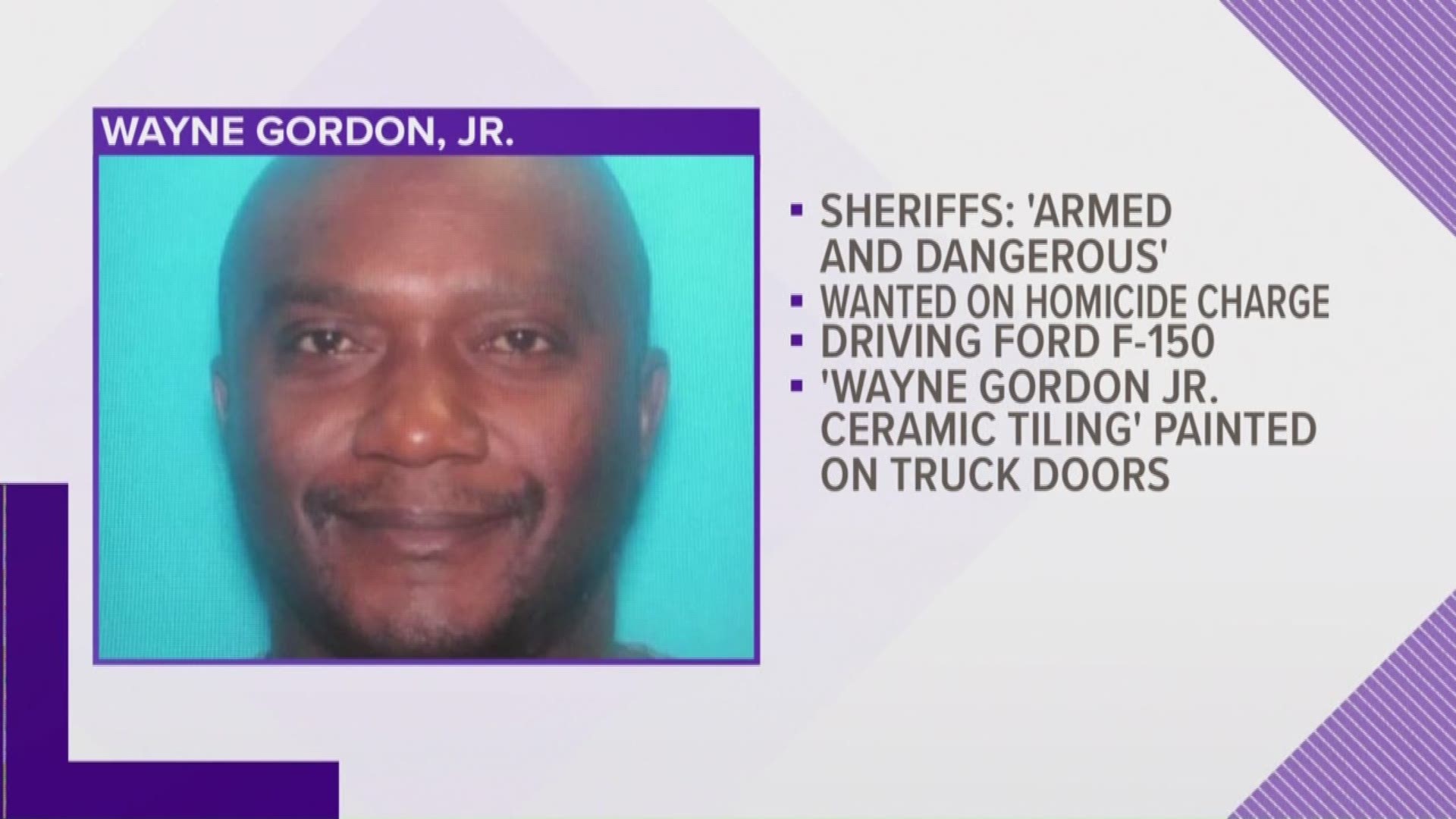 The Montgomery County Sheriff's Office is looking for Wayne Gordon Jr. The say he a possible suspect in a deadly shooting case. He allegedly drove away from the scene in truck with his name painted on the side.