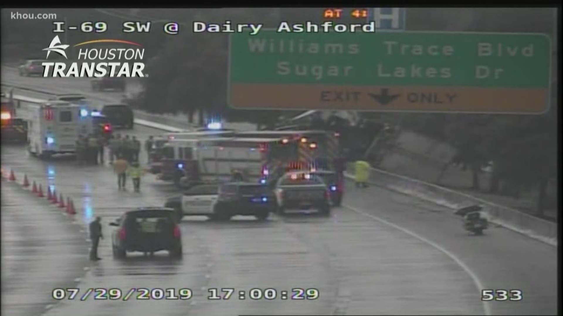 An overturned 18-wheeler shut down all southbound lanes of the Southwest Freeway near Diary Ashford.