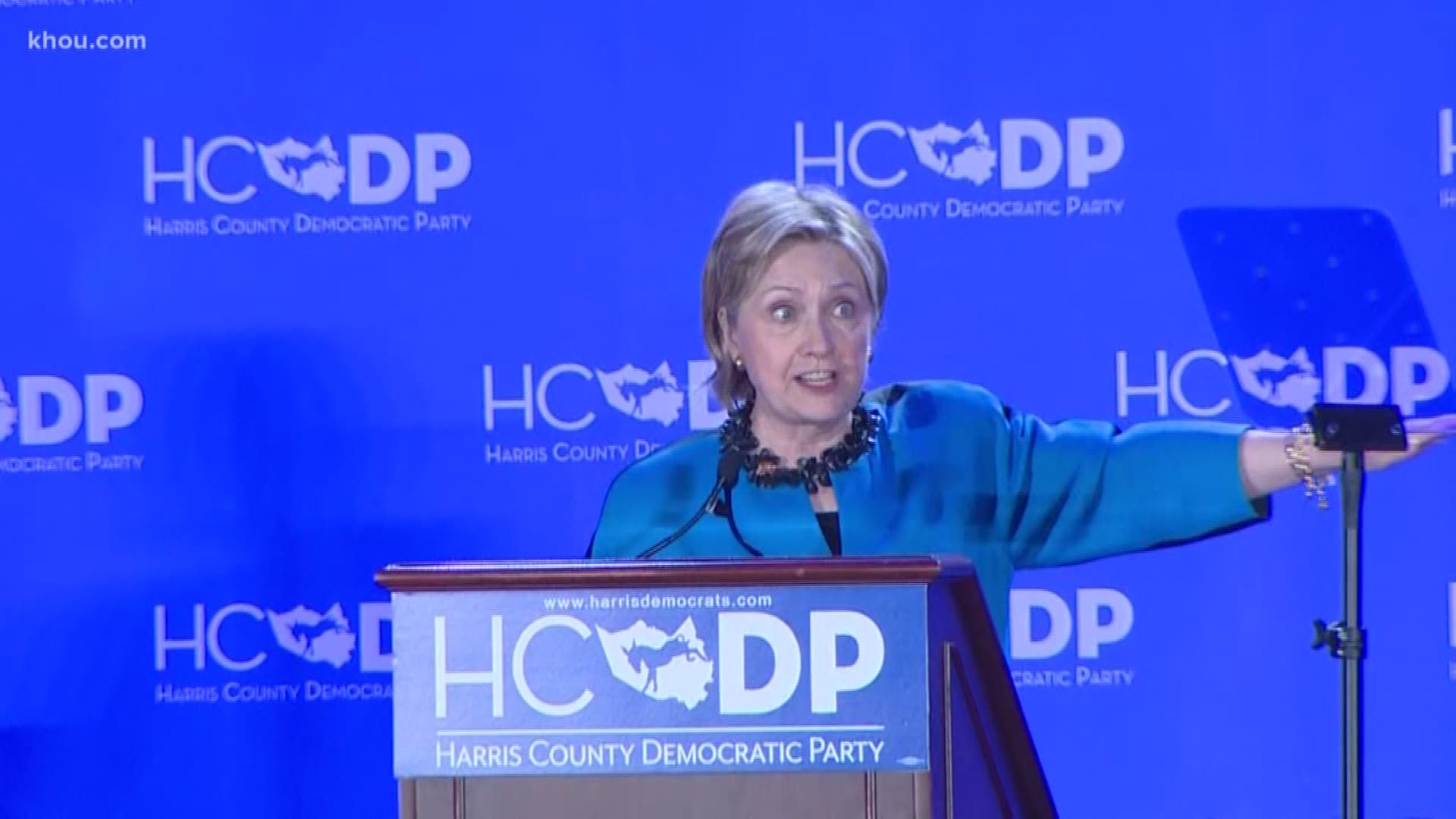 Former Secretary of State Hillary Clinton said she sees a path to record turnout in 2020 that she believes could turn the Texas House blue. The former first lady and presidential candidate also took a few jabs at President Trump during a speech in Houston.