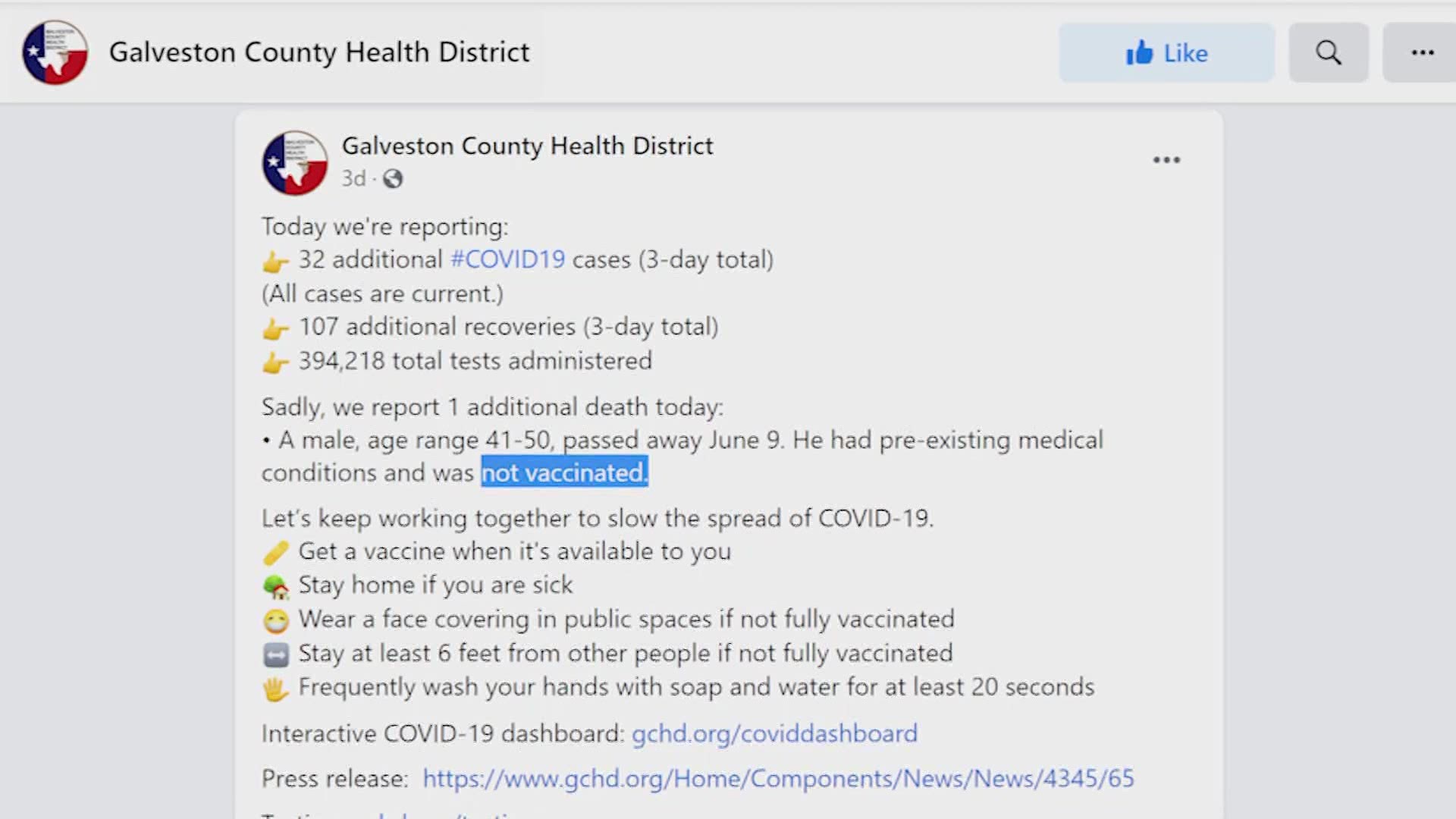 The Galveston County Health District is now sharing the vaccination status of people who’ve died from COVID-19.