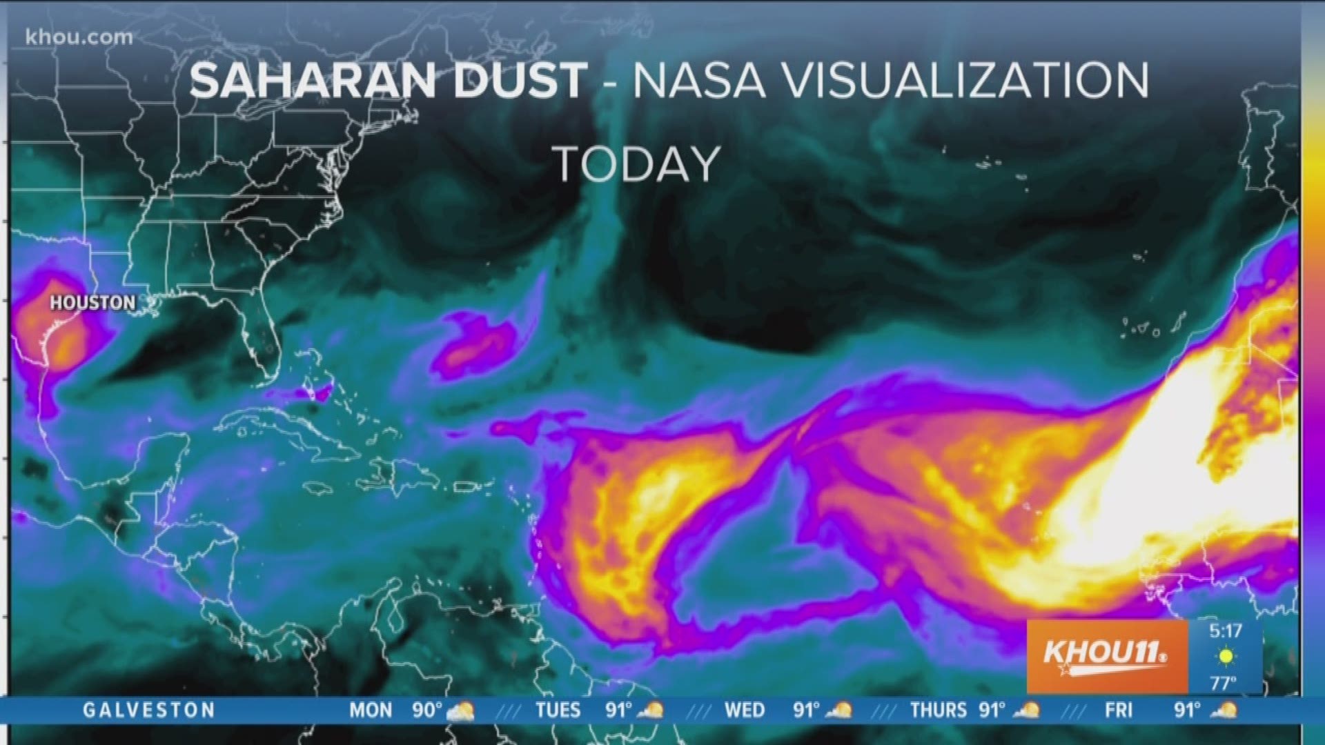 KHOU 11 Meteorologist Brooks Garner says the Saharan dust will reach its peak today which can lead to irritation of nose/lungs for some.