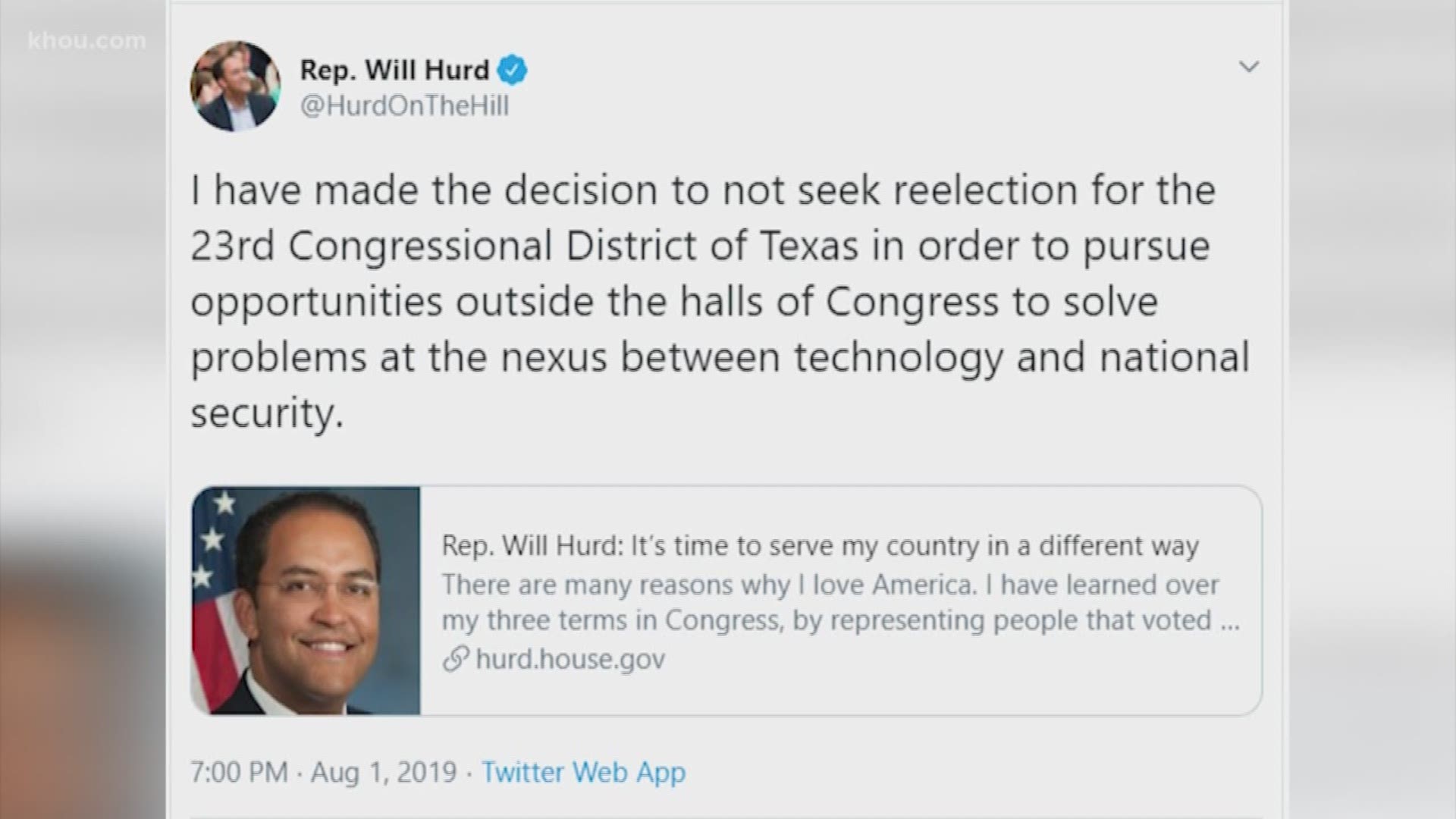 U.S. Rep. Will Hurd, an ex-CIA undercover officer and the lone African-American Republican in the House, says he won't seek a third House term in next year's elections.