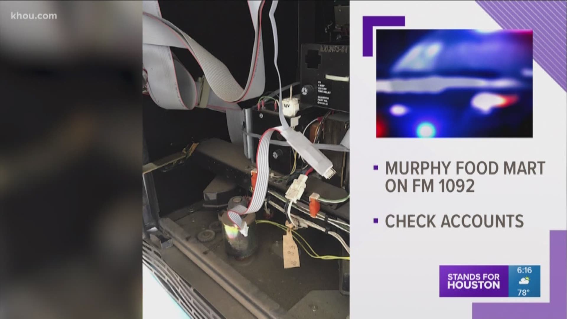An inspector found a credit card skimmer inside two pumps at the Murphy Food Mart on FM 1092 and 5th Street. Police say the safest way to make sure you don't become a victim is to pay inside with cash.
