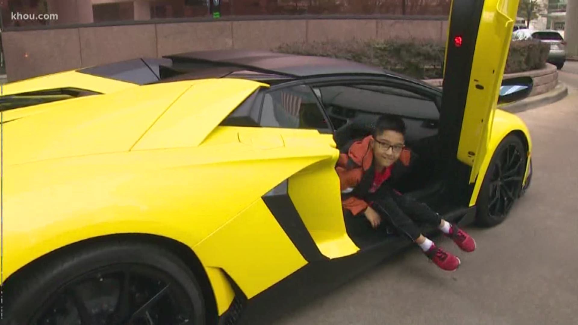 Rushi Gandhi, 8, received the ride of a lifetime Thursday in his dream car - a Lamborghini - on his way to Texas Children's Hospital where he receives a blood transfusion every three weeks.