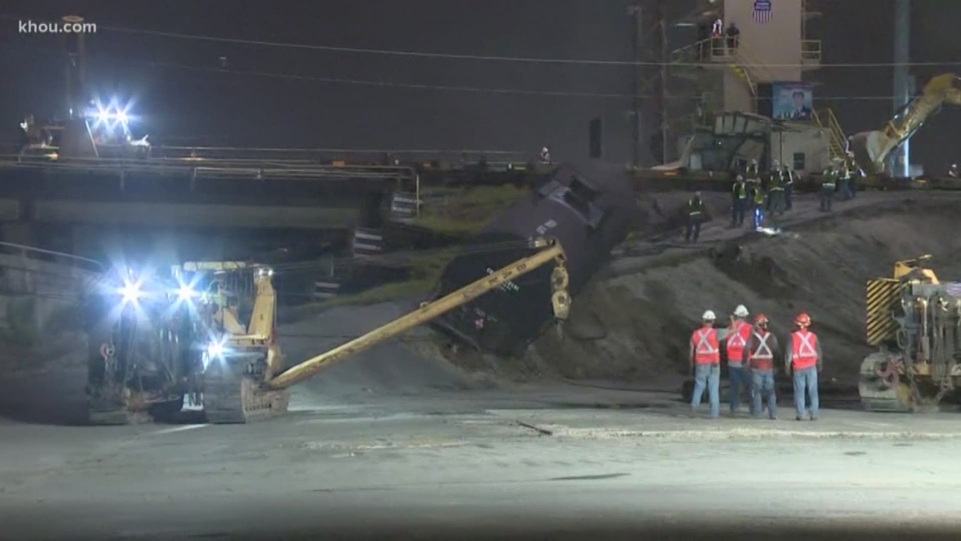 Crews worked to clear the scene of a train derailment at Wayside Drive and Liberty on northeast Houston overnight.