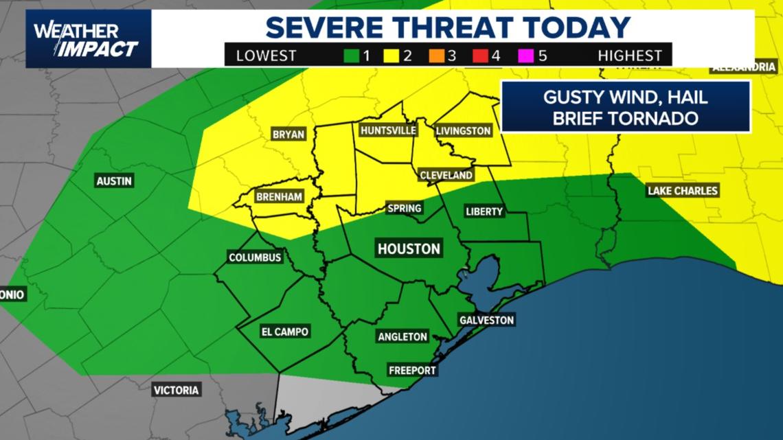 Weather Impact Alert issued as isolated strong storms possible this evening north of Houston Isolated storms in Southeast Texas this afternoon could turn severe, especially north of Houston, with risks including gusty winds and hail. Stay alert.