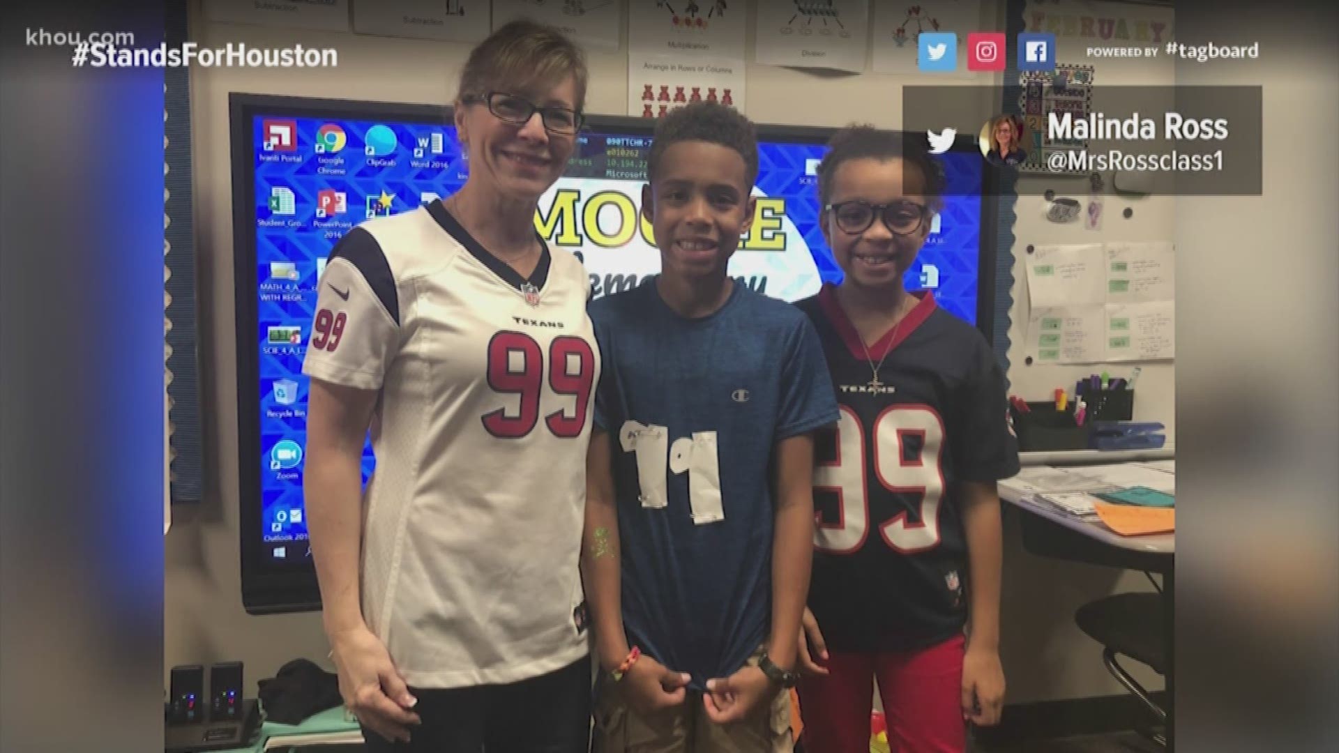 A Moore Elementary student's T-shirt caught Watt’s eye, who tweeted, “My man in the middle making the extra effort!! DM me an address and I’ll make sure we get him a real jersey!"