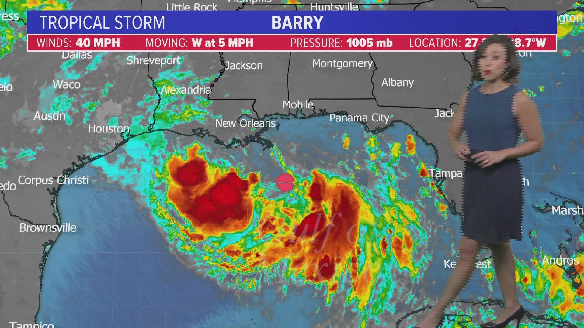 As of 1 p.m., Tropical Storm Barry has sustained winds of 40 mph. Barry is expected to become a Category 1 Hurricane making landfall Saturday along the Louisiana coast.