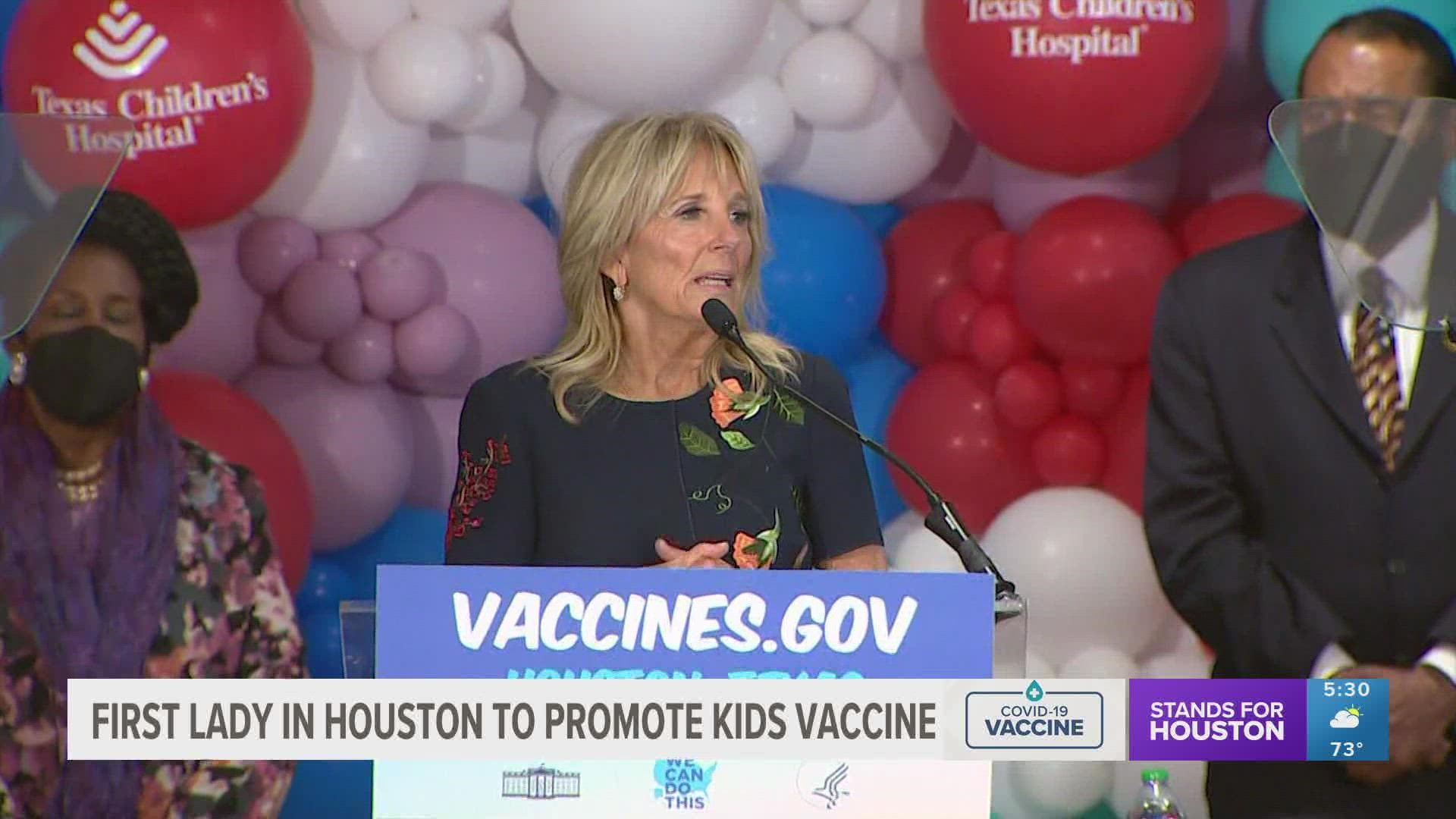 Dr. Biden is visiting Houston’s Texas Children’s Hospital as part of a national campaign to encourage parents to get their children vaccinated against COVID-19.