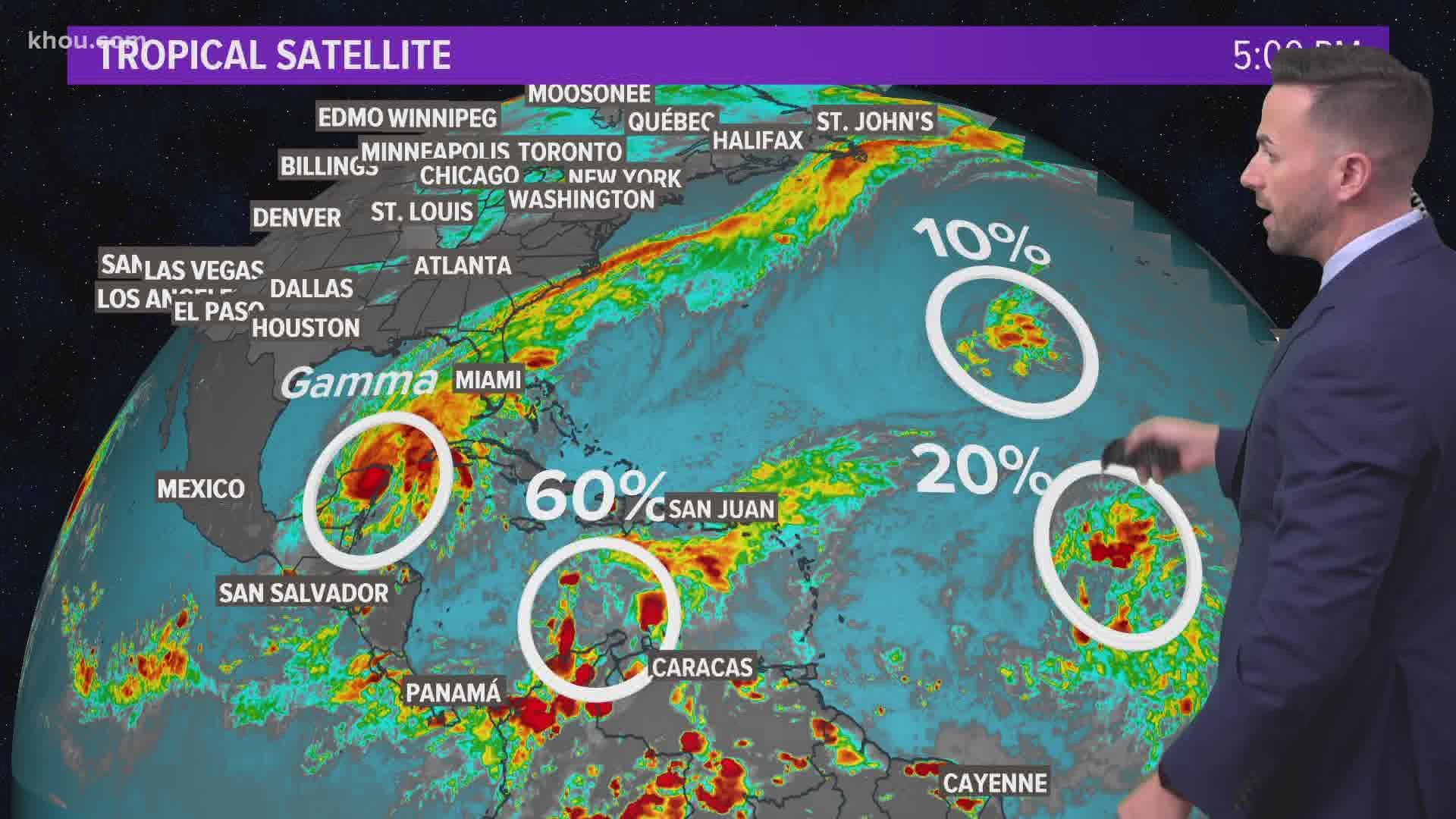 Forecast Tropical Storm Gamma moves across Yucatan Peninsula