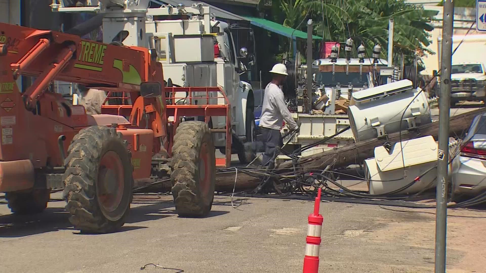 A forklift got caught in a power line in Houston's Warehouse District Wednesday morning, knocking out power for the area and creating a dangerous mess.
