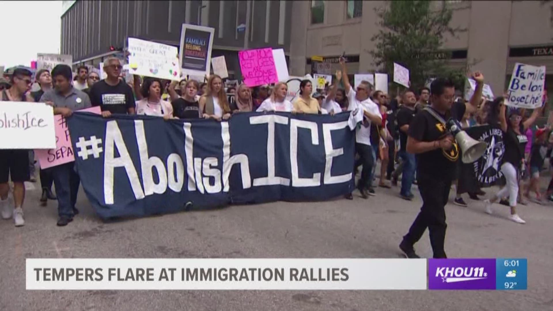 Several hundred people crowded outside of Houston City Hall.  For more than two hours Saturday morning, they chanted "abolish ICE" and "fight back." 