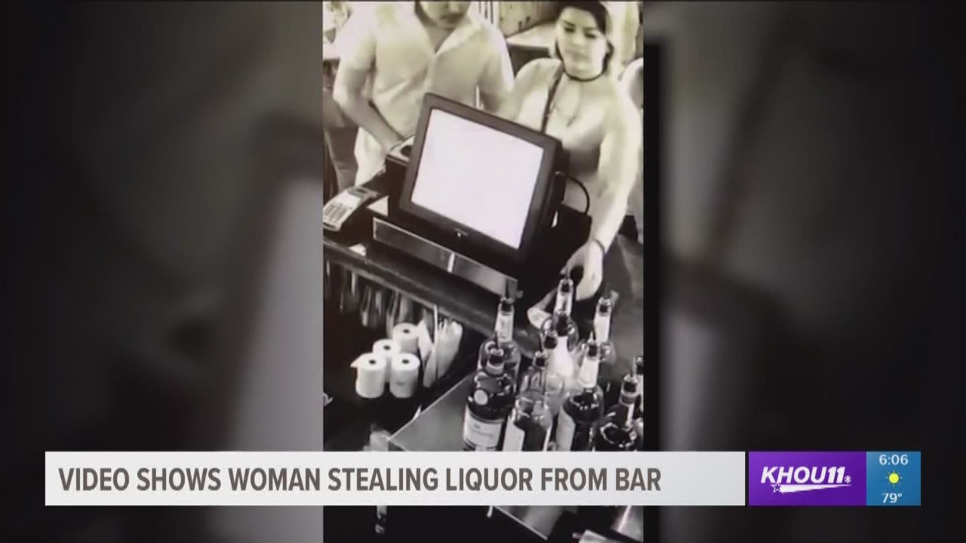 A woman was caught on camera stealing a bottle of Buchanan's Whisky from Live Sports Bar & Grill in Downtown Houston.