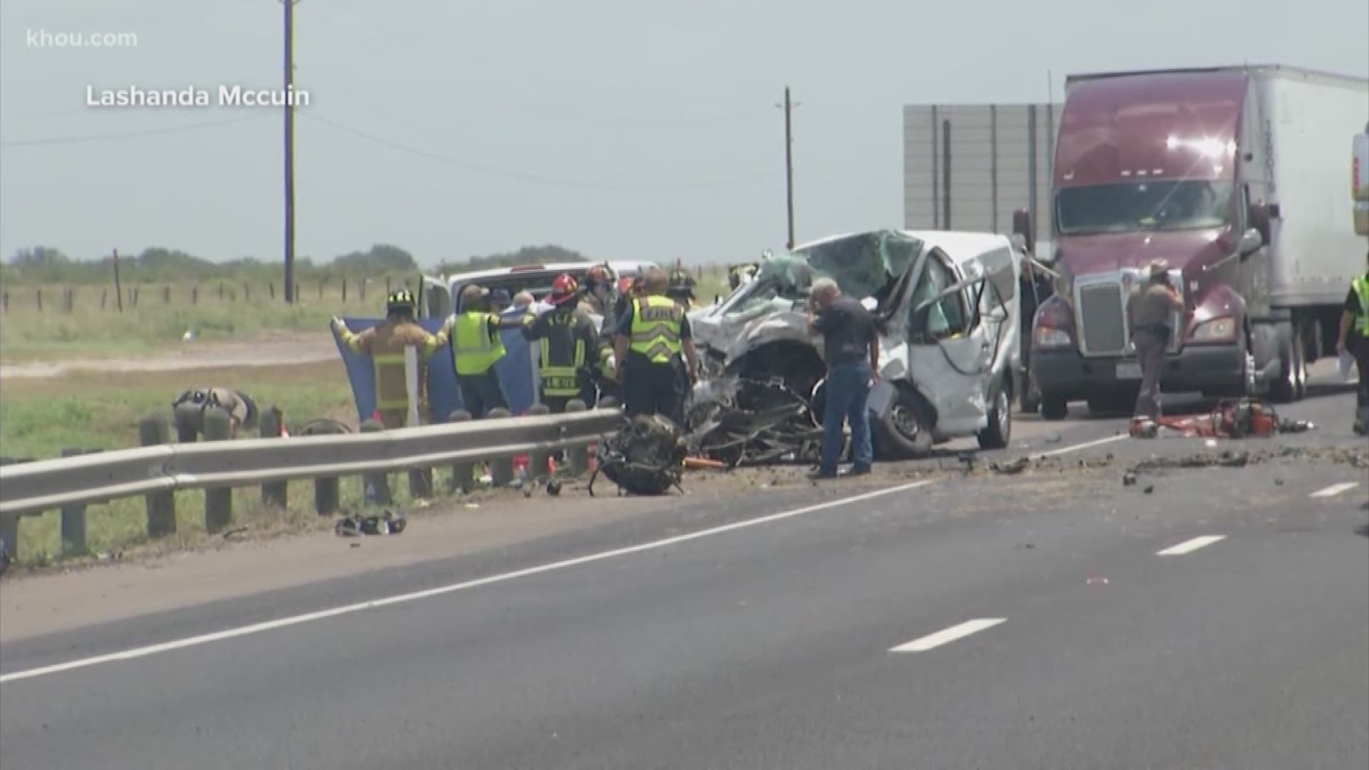 Five people are dead, including two children, after a passenger van slammed into an 18-wheeler then a pickup truck, according to the Texas Department of Public Safety.